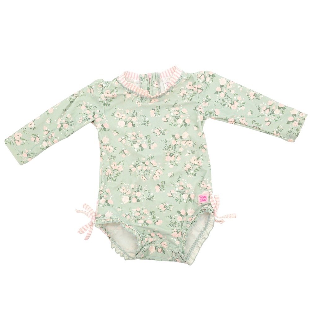 RuffleButts Girls Floral Long Sleeve Rash Guard Swimsuit Ruffle 12-18m